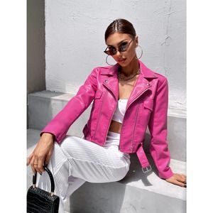 Grommet Buckle vegan leather jacket Moto Jacket hot pink belted